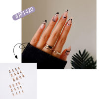 【LuckShops】24 Pieces French Tip False Nails Short Press on Nails,Black Wavy Lines Almond Nails Fake Nail Set ,Full Cover Stick on Nails for Women Girls