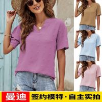 【cw】 Cross-Border European and American Womens Clothing 2022 Summer New Ladies V Collar Chiffon Puff Sleeve Shirt Short Sleeve Top