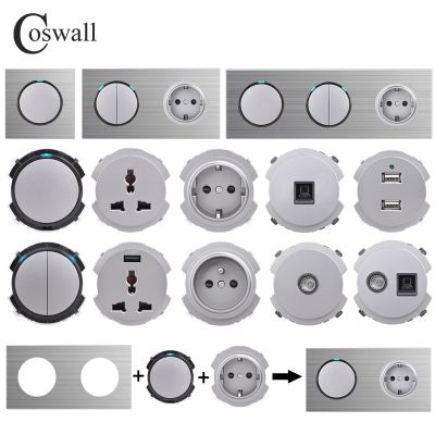 COSWALL R12 Silver Grey Gray Aluminum Panel Wall Switch EU French Socket USB Charger TV RJ45 CAT6 Modules DIY Free Combination