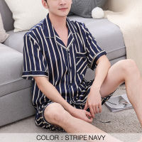 Men Pajamas Sets Satin Pyjamas Nightwear Sleepwear Underwear Short Sleeve Printed Striped Casual Korean SA1032