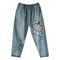 Plus Size M-3XL Womens Spring Summer Embroidery Vintage Jeans Elastic Waist Denim 7/10 Pants