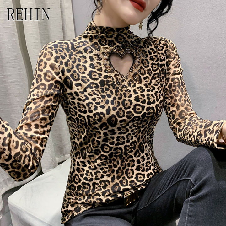 rehin-ของผู้หญิงด้านบนเสือดาวพิมพ์ตาข่ายปั๊มร้อนเจาะกลวงครึ่งคอสูงแขนยาวเสื้อยืดสลิมฟิตโก้เสื้อบอททอม