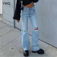 Cargo Pants Women Jeans High Waist Ripped Baggy Jeans Fashion Vintage Knee Hole Full Length Pants Solid Blue Cool Denim Trousers