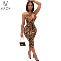 VAZN Top Quality Sexy Club Birthday  Sexy Leopard Hollow Out Party Cocktail Short Dress Women Elegant Fashion Slim Dress