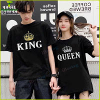 เสื้อยืดคู่พิมพ์ลาย King Queen Crown เสื้อยืดคู่รักแขนสั้นคอกลมทรงหลวมเสื้อเสื้อยืดผู้ชายแฟชั่นผู้หญิงเสื้อผ้าของขวัญวันวาเลนไทน์