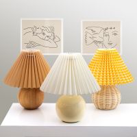 ETXPHYVAL Korean Pleated Table Lamp Ceramicrattan Table Lamp For Living Room Home Decoration Tricolor LED Bulb Vintage Bedside Lamp