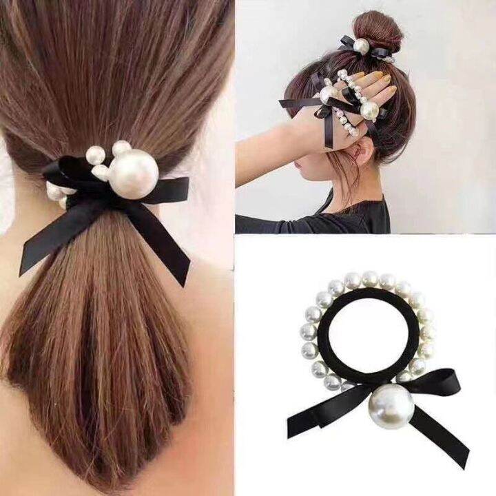 Korean hair accessories tie hair pearl ins rubber band black hair ring