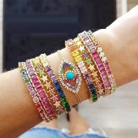 2021 high quality crystal rainbow Baguette Bracelet Bangle for women paved clear AAA cz Luxury gold plated party jewelry gift