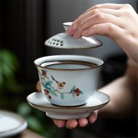 150ml Handpainted Plum Blossom Strainer Gaiwan Traditional Chinese White Porcelain Tea Tureen Chinese Kung Fu Tea Set Drinkware