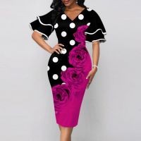 2023 Summer Elegant Fashion Oversized Vintage Print V-neck Double Layer Flare Sleeve Pencil Dress Women Party Bodycon Dresses