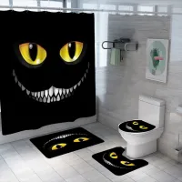 Black Cat 3D Print Shower Curtain Set Waterproof Washable Polyester Bath Curtain Anti-slip Rugs Toilet Lid Cover Bath Mat Set