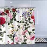 Rose Flower Printed Shower Cover Bathing Curtain Waterproof Hook Hanging Anti-Mold Bathtub Covering Accessories