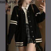 Sweaters Harajpoo Ladies Black V Neck Vintage Coat Women Loose Outwear  New Spring Fall Lazy Striped Knit Harajuku Clothing