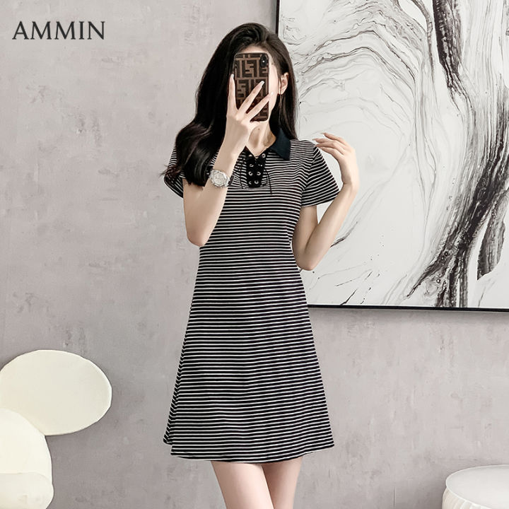 AMMIN 2023 summer new season polo collar pullover strap design striped  short sleeve dress Female Korean style A-line commuter elegant classic  color matching striped dress