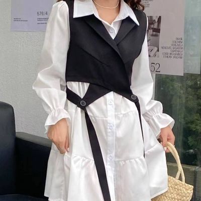 New short lace-up bandeau suspender + mid-length solid color long sleeve shirt dress two pieces set women