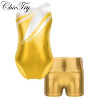 Kids Girls Ballet Dance Sets Sleeveless Gymnastics Workout Sportswear Outfits Metallic Leotard and Shorts Suits for Performance