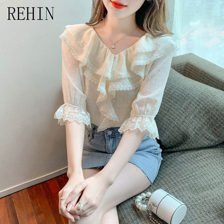 rehin-เสื้อเสื้อผู้หญิงแขนสั้นคอวีมีระบายสำหรับผู้หญิง-เสื้อแฟชั่นใหม่ฤดูร้อน