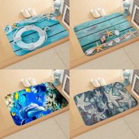 ∈┅ Starfish Fishing Net Bath Mats Beach Wooden Board Deck Blue Carpet Conch Scenery Foot Pad Sea Lifebuoy Bathroom Doormat Non-Slip