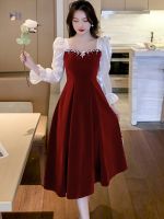 【YF】 2023 Red Velvet Satin Luxury Elegant Dress for Wedding Women Spring Autumn Long Sleeve Bodycon Korean Vintage Party