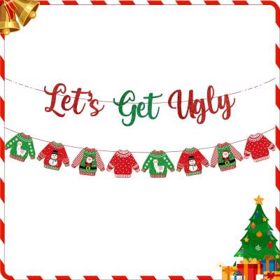 JOLLYBOOM เสื้อกันหนาวน่าเกลียด Christmas Party Decorations - Let S Get Ugly Glitter Banner เสื้อกันหนาวน่าเกลียด Garland กับ Santa Snowman พิมพ์สำหรับ Merry Christmas Party Xmas Holiday Supplies Home Decor