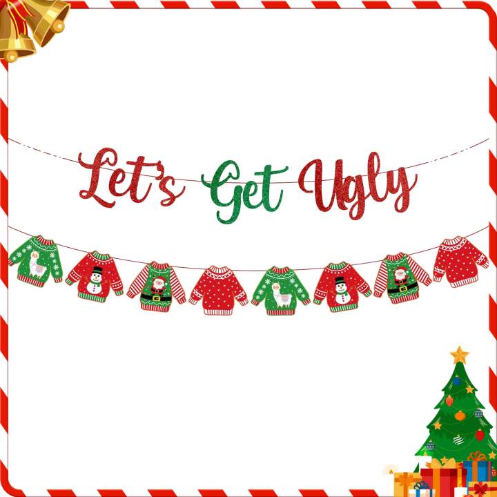 jollyboom-เสื้อกันหนาวน่าเกลียด-christmas-party-decorations-let-s-get-ugly-glitter-banner-เสื้อกันหนาวน่าเกลียด-garland-กับ-santa-snowman-พิมพ์สำหรับ-merry-christmas-party-xmas-holiday-supplies-home-d
