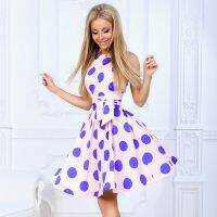 【Ladies shop】ผู้หญิง SweetPolka Dot แขนสั้น O คอเดรสคอสูงเสื้อคลุม F Emme S-2XL