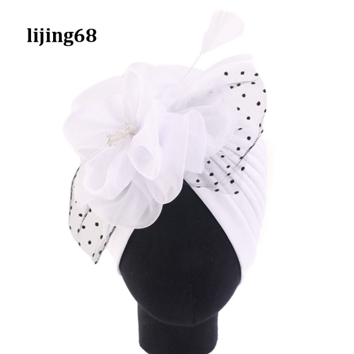 lijing-หมวกผ้าโพกศีรษะขนนกรูปดอกไม้ฮิญาบหญิงมุสลิมฮิญาบหมวกถักทรง-beanie-หมวกผ้าพันศีรษะปาร์ตี้แต่งงานหมวกคลุมศีรษะหมวกแอฟริกา
