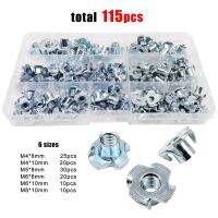 ✉∋ 1 Box 115pcs M4 M5 M6 M8 Thickened Steel Four Claws Speaker Nut Blind Pronged Insert T-nut Wood Furniture Nut Assortment Kit Set