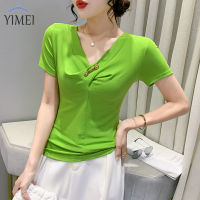 YIMEI เสื้อยืดผ้าฝ้ายคอวีเซ็กซี่สำหรับสตรี,2023ฤดูใบไม้ผลิและฤดูร้อนใหม่เสื้อยืดสีเขียวแขนสั้นบางและบางเสื้อจับจีบสไตล์ตะวันตก