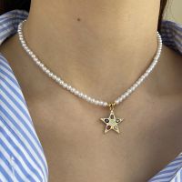 CZ Five-pointed Star Gold Color Pendant Imitation Pearl Necklace for Women Collar Stainless Steel Clasp Free Shipping