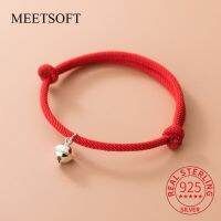 MEETSOFT S925คลาสสิกเงินสเตอร์ลิงกระดิ่งสีแดงเชือกถักเปียชาร์มแบบปรับได้เครื่องประดับมือ DIY ง่ายขายส่ง