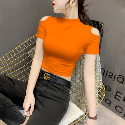 Off-the-shoulder short top womens summer dress 2022 new loose-shoulder short-sleeved t-shirt tight-fitting pure cotton