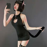 2023 Korean Cat Uniform Cosplay Sexy Lingerie Lolita Sheath Dress Cut-Out Front Lovely Kitty Ears Cute Kitten Role Play Erotic Costume