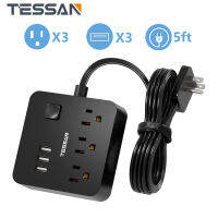 TESSAN Black Flat Plug Power Strip Extension Cord with Multiple Outlets（Support Cruise Ship), Thin Wall Plug,  Extension Cable with 3 AC Outlets 3 USB, On Off Swtich 5 Ft Small Desk Charging Station Compact for Cruise Ship, Travel, Home, Office,Dorm Room