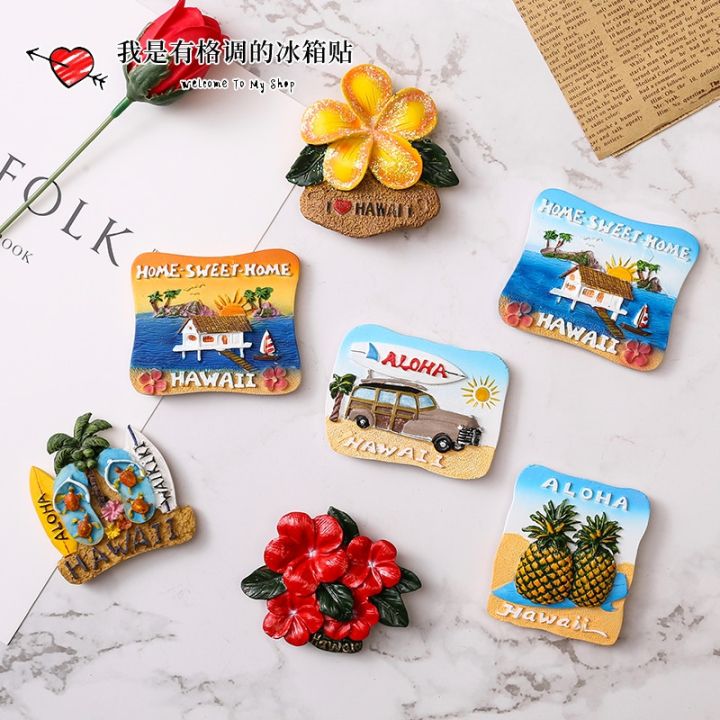 hawaiian-special-refrigerator-sticker-resin-tourist-souvenir-magnet-sticker-flower-pineapple-beach-coconut-tree-thatched-cottage