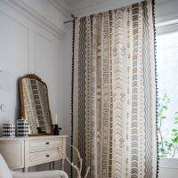 Mimilan Boho Curtain, Cotton Linen Geometric Print Bohemian Curtain Panel with Tassels, Farmhouse Country Style Drapes for Living Room Bedroom, 1 Piece