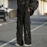 ▲✲ Ribbon zipper design overalls mens fashion brand summer assault pants loose straight wide leg casual trousers