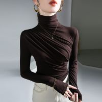 Pleated Stretch T-Shirt Autumn And Winter Turtleneck Bottoming Pullover Womens Casual White Basic Top Shirts Harajuku Gothic