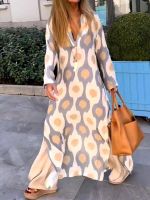 jkk Printing Split Dresses Ladies Sleeve V Neck Vestidos Fashion Boho Beach Robe