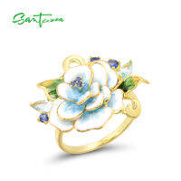 SANTUZZA Pure 925 Sterling Silver Rings For Women Exquisite Blooming Flower Blue Glass Ring Party Fine Jewelry Handmade Enamel