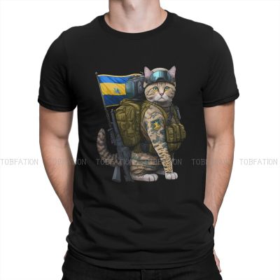 Harajuku Fashion Tshirts Cat Ukrainian Soldier Animal Men Harajuku Pure Cotton Tops T Shirt Round Neck Oversized