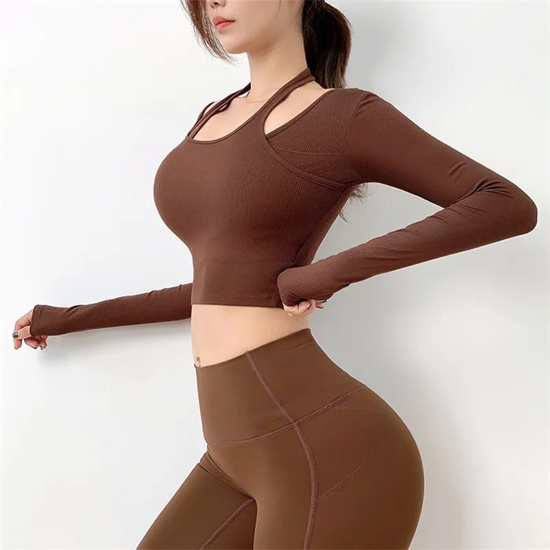 Sexy Hanging Neck Long Sleeve Gym Sport Shirt Yoga Crop Top