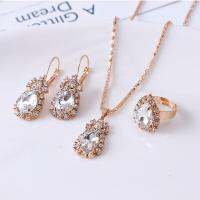 【lz】✱﹍  Conjunto de Jóias Shining Rhinestone para Mulheres Colar Brinco Anel Jóias Nupcial Gota de Água 3 Pcs