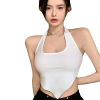 【 Dream-Life】 Tiktok สไตล์ผู้หญิงสุภาพสตรีเสื้อกั๊กสีทึบแขนกุด Halterneck Slim Crop Tops Backless Triangle Hem Camisole