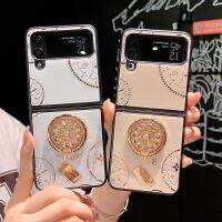 Z Flip4เคสโทรศัพท์เพชรเทียมแหวนนาฬิกา3D หรูหรา,เคสกระจกคริสตัลแบบเทมเปอร์ขาตั้งสำหรับ Samsung Galaxy Flip 4 Bling