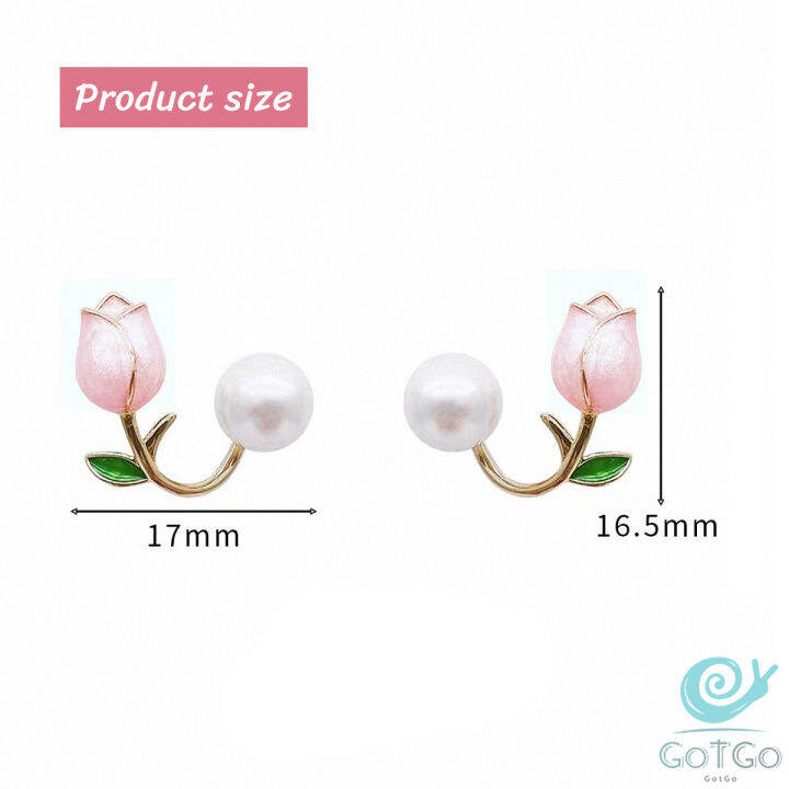 gotgo-ต่างหู-ก้านเงิน-9-25-รูปดอกทิวลิป-ประดับมุกเทียม-tulip-stud-earrings