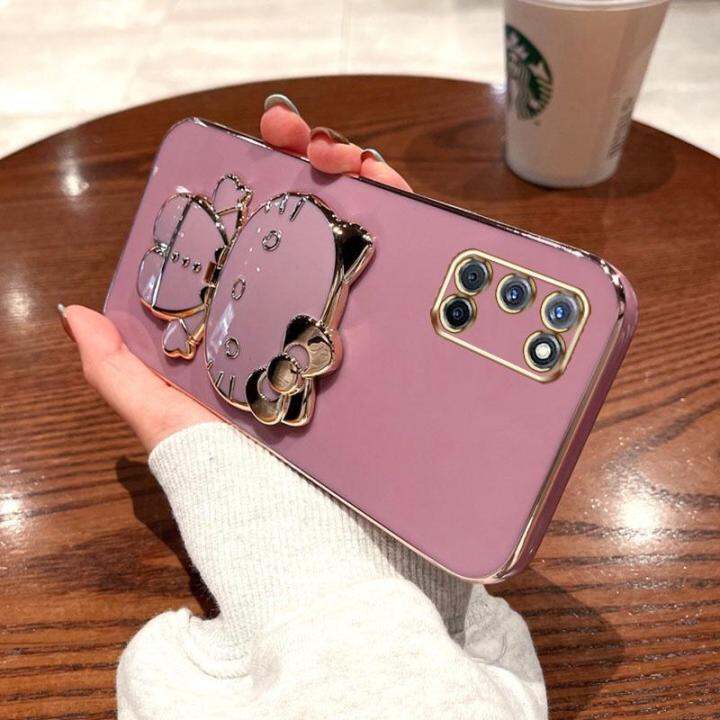 folding-makeup-mirror-phone-case-for-oppo-a52-a92-case-fashion-cartoon-cute-cat-multifunctional-bracket-plating-tpu-soft-cover-casing