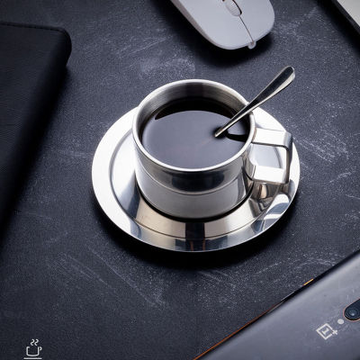 สแตนเลสชุดถ้วยกาแฟคู่ชาแก้วที่มีการจัดการทนความร้อนช้อนจานรองคาเฟ่ปาร์ตี้สำนักงานบ้าน Drinkware บนโต๊ะอาหาร