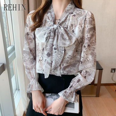 REHIN Women S Top French Bow Tie Collar Niche Long Sleeve Shirt Ins Style Work Wear Elegant Blouse