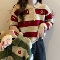 ₪▼ korean Bottoming Shirt Women 39;s red Top Striped patchwork casual Loose Doll Collar Knit Sweater women Pullover All-match Sweaters